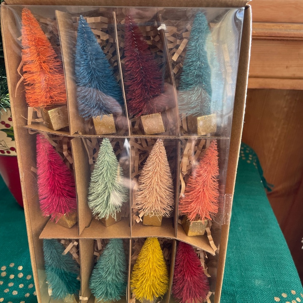 A Dozen Rainbow Colored Miniature Bottle Brush Trees Set